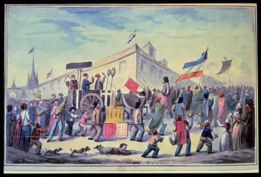 Fransk revolution: "" En anti-religiøs maskerade i november 1793"" Anonym akvarel fra 1793. Paris Library of the Arsenal
