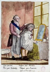Den franske revolution: Tegneserie om den kongelige families flugt til Varenne den 20. og 21. juni 1791: Kong Ludvig XVI, der styler dronning Marie Antoinette, skulle rejse med et falsk pas som guvernante for baronessen af Korffs børn. Anonym farve