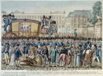 Den franske revolution: "Den kongelige families tilbagevenden til Paris den 25/06/1791" Kortegen krydser Place de la Concorde. Stik fra den franske skole i slutningen af det 18. århundrede. Paris Musée Carnavalet