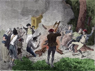 Fransk revolution: "" Folket brændte Claude Chappes telegraf, i parken Saint-Fargeau i Menilamount, i september 1792, og troede, at det var et apparat beregnet til at kommunikere med den kongelige familie, der var låst inde i templets fængsel"" "Gravering
