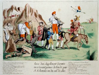 Fransk revolution: "" et supplement af forstærkninger sammensat af medlemmer af det forkrøblede præsteskab blev sendt til hæren af prins Louis V. Joseph af Bourbon-Conde (1736-1818) stationeret på bredden af Rhinen efter emigrationen på grund af revolution