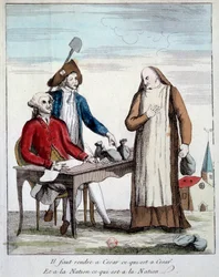 Den Franske Revolution: karikatur af et medlem af gejstligheden, som tvinges til at tilbagelevere kirkens ejendom. »Vi må give kejseren tilbage, hvad kejserens er, og nationen, hvad nationens er.« Stik fra 1790. Paris, Bibliothèque de l