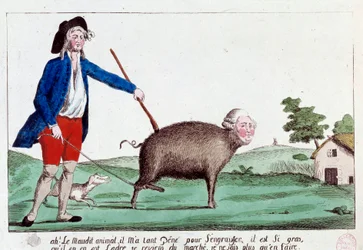 Den Franske Revolution: karikatur, der viser en revolutionær, som bringer Ludvig XVI tilbage i skikkelse af et svin fra marchen og ikke ved, hvad han skal gøre med det. 1792. Anonym koloriseret radering, Sol 14 x 22,8, Paris, Musée Carnavalet
