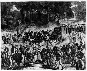 Den franske revolution: ankomsten af den kongelige familie (Louis XVI og Marie Antoinette) i Paris, 5. oktober 1789 - gravering.