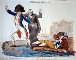 Den Franske Revolution: Tredjestandens opvågnen. Karikatur over de tre stænder. Han befriede sig fra sine lænker under hærens og de gejstliges forskrækkede blikke. Fransk tryk fra 1789. Paris, B.N.