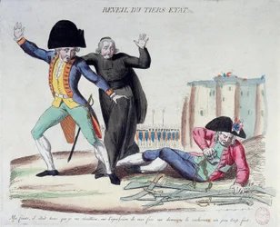 Den Franske Revolution: tredjestandens opvågnen. Karikatur over de tre stænder. Under hærens og de gejstliges forskrækkede blikke befriede han sig fra sine lænker. Fransk tryk fra 1789. Paris, Nationalbiblioteket.