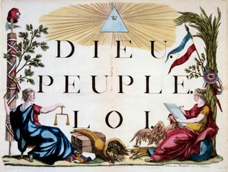 Fransk revolution: den guddommelige trekant, der oplyser Gud, folket og loven, allegorierne om Frankrig, retfærdighed, overflod og republikken. Stik fra 1794. Paris, Arsenals bibliotek