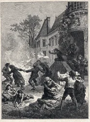 Fransk revolution: bønderne brændte deres feodale titler og dansede rundt om bålet for at fejre afskaffelsen af privilegier i august 1789. Indgravering fra 1889. Privat samling.