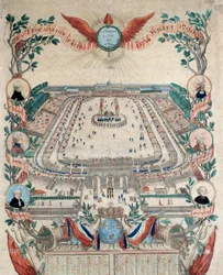Den Franske Revolution: udsigt over Den Nationale Føderations Fest den 14/07/1790 på Marsmarken. Stik fra 1790. Paris, Nationalarkivet