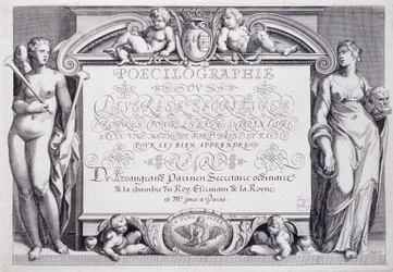 Fransk kalligrafi: Poecilografi, frontispice, af Baptiste de Beaugrand i 1606.