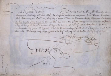 Fransk kalligrafi: Recu til fordel for Bernard de Beaugrand leverer den 2. juli 1623. Historisk bibliotek i byen Paris.