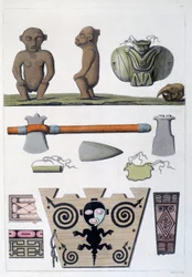 Franske kolonier: genstande fra Arawak, de første indbyggere på Martinique i Vestindien. Gravering af Chartres fra det 19. århundrede, Musee des Beaux Arts
