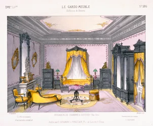 Fransk design til et interiør i et soveværelse i nygræsk stil fra Le Garde-Meuble mønsterbog, udgivet af D Guillard, Paris