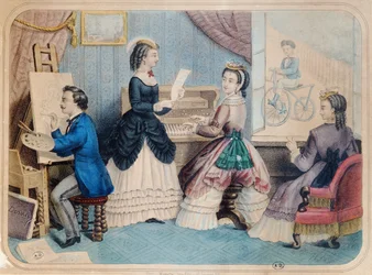 Fransk modeplade, der viser kunstneriske aktiviteter, 1867