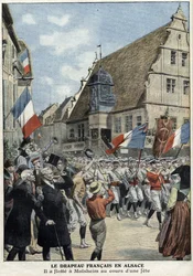 Fransk flag svæver igen i Molsheims gader, Alsace, under sportsmesse i "Le Petit Journal" den 4. juli