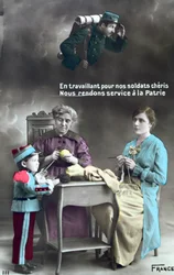 Fransk patriotisk postkort, der skildrer kvinders rolle under Første Verdenskrig 1914-18, 1915