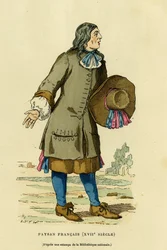 Fransk bondedragt i det 18. århundrede. Farvestik efter et tryk fra Nationalbiblioteket, i »France et les Français à travers les siècles« af Augustin Challamel, udgivet af F. Roy, Paris 1882. Selva-samlingen.