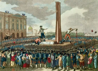 Den Franske Revolution: henrettelsen af kong Ludvig XVI (1754-1793) ved guillotine, bødlen fremviser hans afhuggede hoved. Kobberstik efter en tegning af Fious. 18. århundrede. Paris, Musée Carnavalet