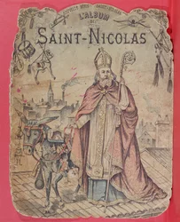 Forside på et billedalbum, der viser Skt. Nicholas, der bringer gaver til børnene, sent i det 19. århundrede (farvegravering)