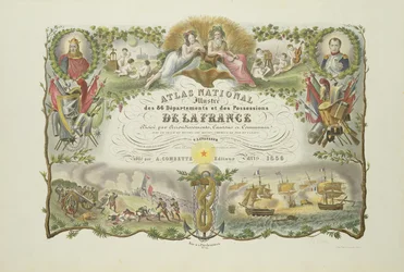 Frontispice af Atlas Nacional Illustre des 86 Departments et des Possessions de la France, af Victor Levasseur 1856 (håndfarvet gravering)