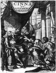Frontispice af Cinna ou la Clemence dAuguste af Pierre Corneille (1606-84) udgivet i 1643