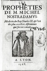 Frontispice til Les Propheties de M. Michel de Nostradamus (1503-66), med et portræt af Nostradamus, udgivet i Lyon 1568