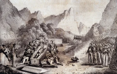Begravelse af Napoleon I: opgravning af liget af Napoleon i St. Helena - tegning af Levilly, i "" Historisk maleri af Napoleons begravelse"" af M. St. Maurice, ca. 1851.