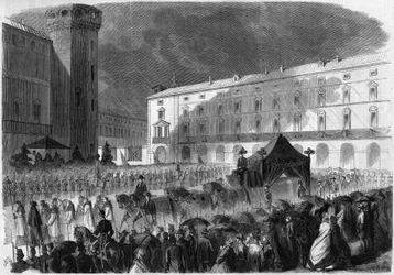 Begravelse af greven af Cavour, Torino, 7. juni 1861: begravelsesoptog med kiste af Camillo Benso, grev af Cavour (1810-1861), italiensk politiker. Indgravering i "" Le Monde Illustré"" nr. 219 af 22. juni 1861.
