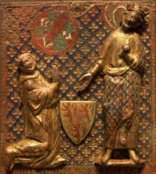 Begravelsestavle: Guy de Meyos knæler foran Saint Louis (Louis IX af Frankrig