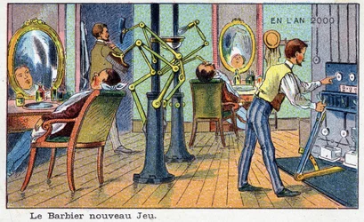 Futuredays: A Nineteenth Century Vision of the Year 2000 - Serie "" In the Year 2000"": Den nye spilbarber (automatisk maskine). Kromolitografi af Villemard
