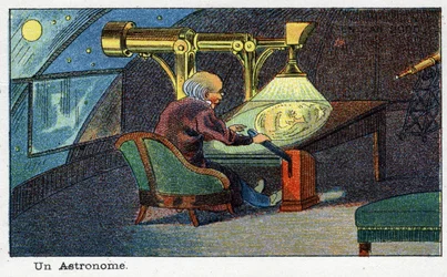 Futuredays: A Nineteenth Century Vision of the Year 2000-serien: En astronom (der arbejder med et bestemt teleskop). Kromolitografi af Villemard