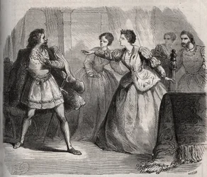 Gabrielle de Vergy bestrider sin forlovede, Eudes de Fayel, som er jaloux på det venskab, hun har med sin fætter, Albert de Nozereau. Scene af en legende fra det 12. århundrede. Indgravering fra 1871 i "Histoire Des Cocus Celebres"" af Henry de Kock (1819-