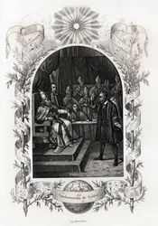 Galilæa (eller Galileo Galilei (1564-1642)) foran det hellige embede i Vatikanet”” Astronomen blev dømt af inkvisitionsdomstolen i 1632. Indgravering til illustration af Histoire des popes af Maurice Lachatre (1814-1900), librairie du progres, Paris.