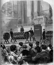 Hasardspil: trækning i Nationallotteriet i Trocadéros festsal den 6. januar 1879 i Paris. Stik i »Le Monde Illustré« nr. 1140 af 1. februar 1879.