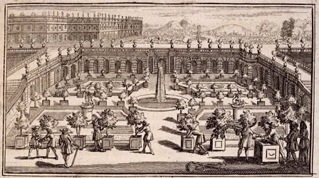 Gartnere, der arbejder i en appelsinhave, fra Le Parfait Jardinier, eller Instruction pour les Jardins Fruitiers et Potager, af Jean de la Quintinye, udgivet 1695