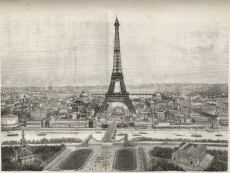 Generel visning af verdensudstillingen i Paris i 1889 med Eiffeltårnet fra Trocadero, gravering - Generelt billede af verdensudstillingen i Paris i 1889 med Eiffeltårnet, gravering i Le Monde illustrious de 1889