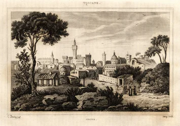 Generelt billede af Siena (Siena) i Toscana, gravering af C. Deveze i "Italien malerisk"", Amable Coste redaktør