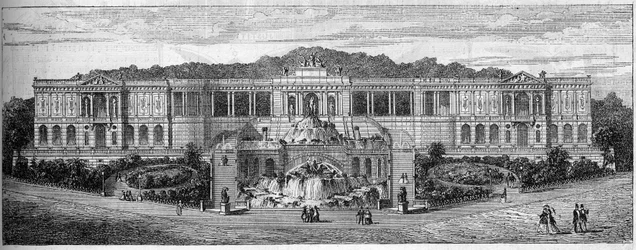 Generelt billede af Palais de Longchamp i Marseille, Bouches du Rhone (13), som det var blevet forestillet af Frederic Auguste Bartholdi (1834-1904) i 1859. Indgravering i "" Le Monde Illustré"" nr. 681 af 30. april
