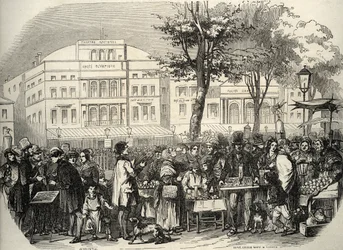 Generel visning af boulevard du Temple i Paris - gadesælgere - Paris - Generel visning af boulevard du Temple - Ambulanter for købmænd - Gravering i "Tableau-de-Paris" af Edmond Texier 1852