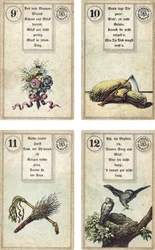 Tysk udgave af Lenormand French cartomancy dæk: Blomsterne, Leen, Birkestangen Pisken, Fuglene, udgivet af Dondorf, Frankfurt, 1800-tallet
