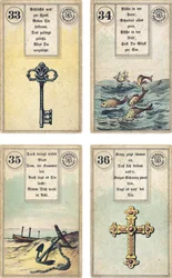 Tysk udgave af Lenormand French cartomancy dæk: The Key, The Fish, The Anchor, The Cross, udgivet af Dondorf, Frankfurt, 19th Century