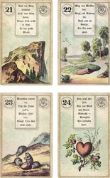 Tysk udgave af Lenormand French cartomancy deck: The Mountain, The Road, The Mice, The Heart, udgivet af Dondorf, Frankfurt, 19th Century