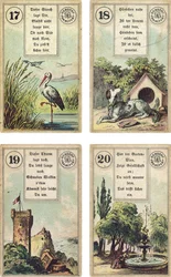 Tysk udgave af det franske Lenormand-kartomantisæt: Storken, Hunden, Tårnet, Haven, udgivet af Dondorf, Frankfurt, 19. århundrede