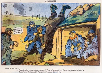 Tysk soldat fanget af franske soldater som et resultat af et trick, tegneserie fra aprilsnar (Poisson dAvril)-udgaven af magasinet La Baionette, 29. marts 1917