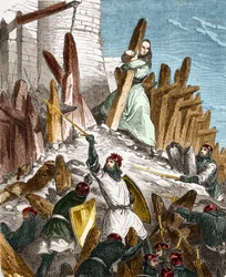 Geurre mod Hugues du Puiset af Louis le Gros: Angreb på Chateau du Puiset (beliggende i departementet Eure-et-Loir) af styrkerne fra kongen af ​​Frankrig LOUIS VI le Gros i 1118. Indgravering i "Histoire De France En Et hundrede malerier af Paul Lehugeur
