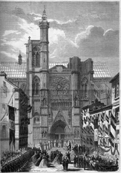 Gotisk arkitektur: udsigt over katedralen Notre Dame de Clermont Ferrand (Clermond-Ferrand), Puy de Dome (63), under besøget af Napoleon III og imponeren Eugenie de Montijo i 1862. Indgravering i "" Le Monde Illustré"" n °275 af 19. juli 1862.