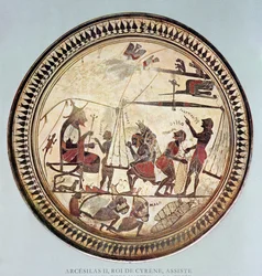 Græsk kop forestillende Arcesilas II, kongen af Cyrene (ca. 560-550 f.Kr.), der ser vejning og lastning af silphium, kopi af en original fra det 6. århundrede f.Kr.