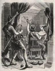 Græsk mytologi: "" Dette råb blev lavet af Paris"". Paris overrasker Helene med Peritanus. Indgravering fra 1871 i "Histoire Des Cocuses Celebres"" af Henry de Kock (1819-1892).