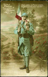 Hilsningspostkort for året 1916. En soldat bærer det franske flag med en pistol og ydmyger duften af en buket blomster i et landskab. Farvepostkort til årets ønsker 1916.