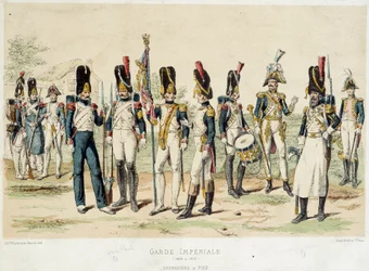 Grenadierer en fod af den kejserlige garde af Napoleon I (mellem 1804 og 1814). 1800-tals gravering. Paris, dekorativ kunst